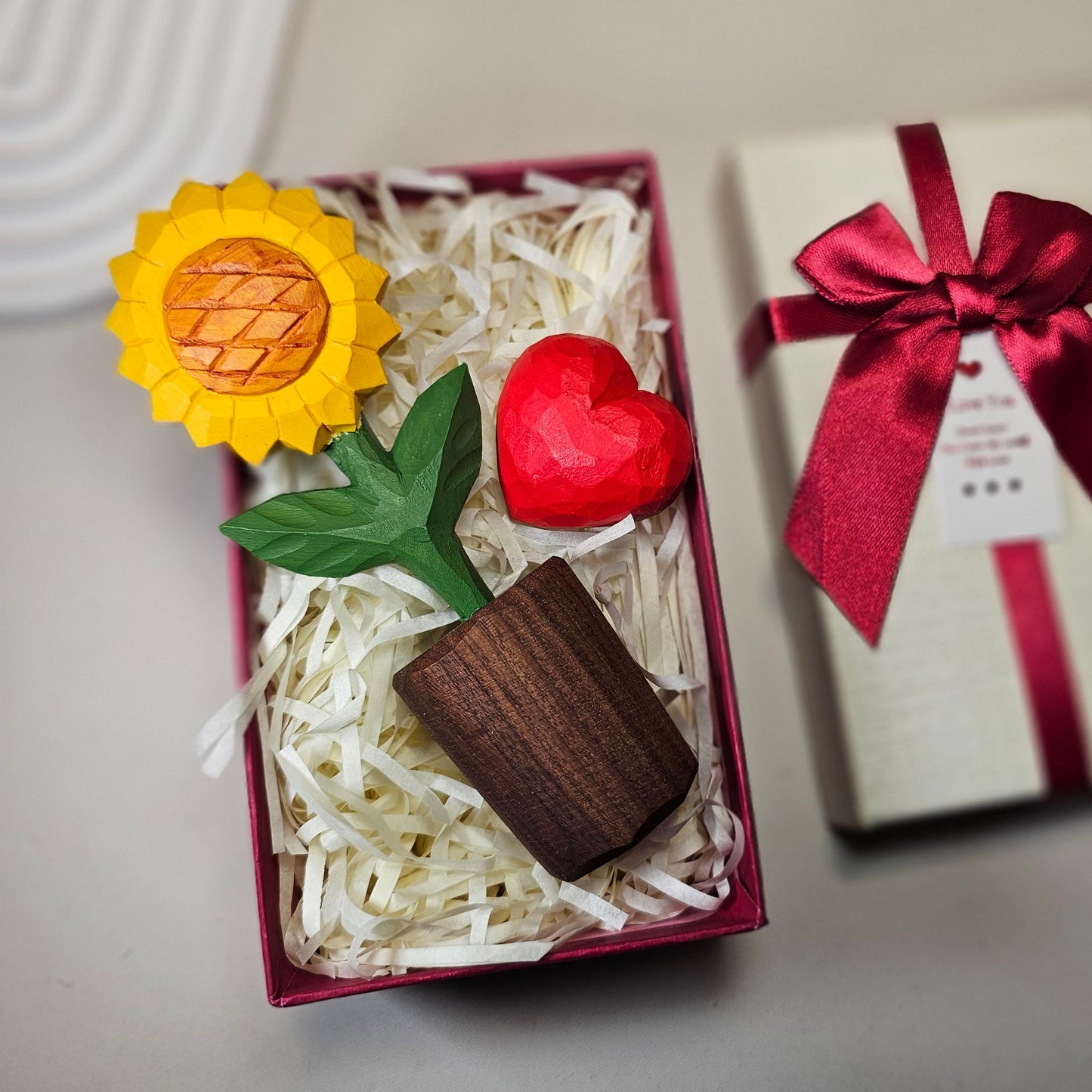 Sunflower + Red Heart Wooden Sculptures