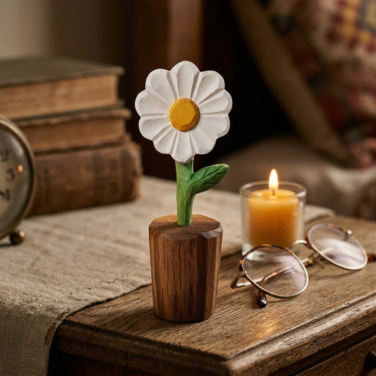 Decorative flower in a wooden pot on a table with a candle and glasses in the background.