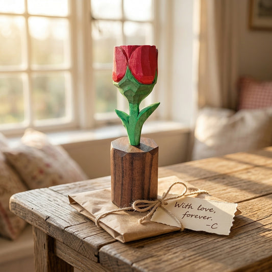 Wooden tulip sculpture on a table with a tag reading 'With love, forever - C' in a cozy room.