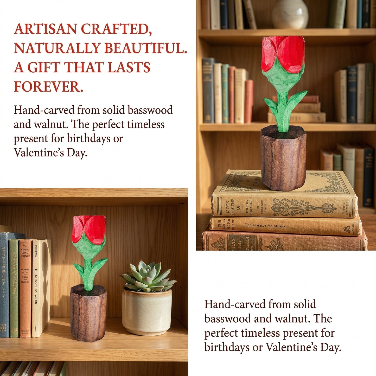 Wooden tulip sculpture on books with text about its craftsmanship and uses.