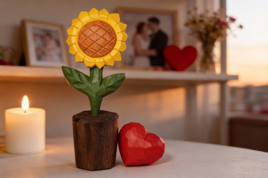 Decorative sunflower in a pot with a red heart next to a lit candle on a table.