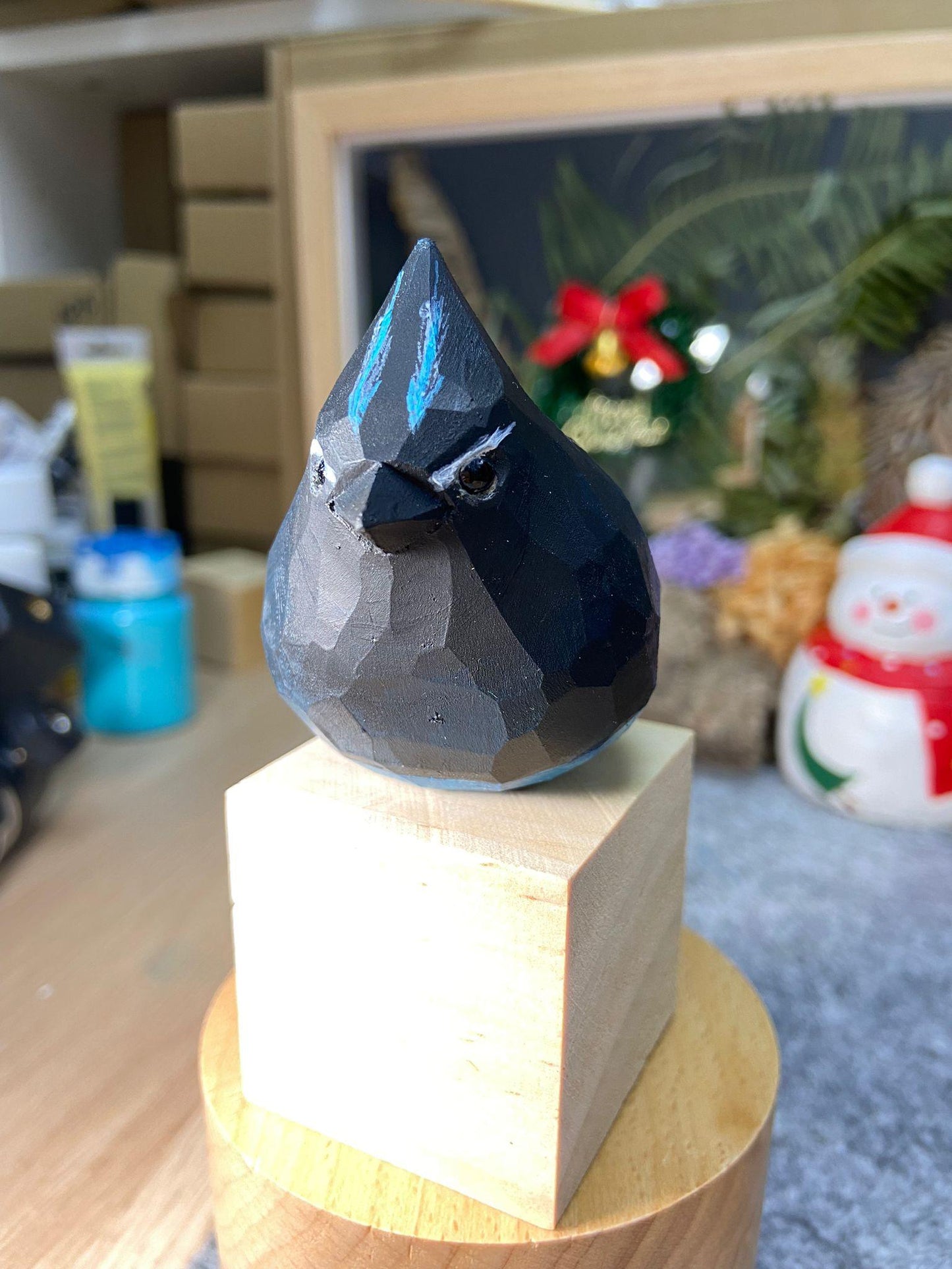 Steller's jay Bird Figurine Hand Carved Painted Wooden - paintedbird.shop