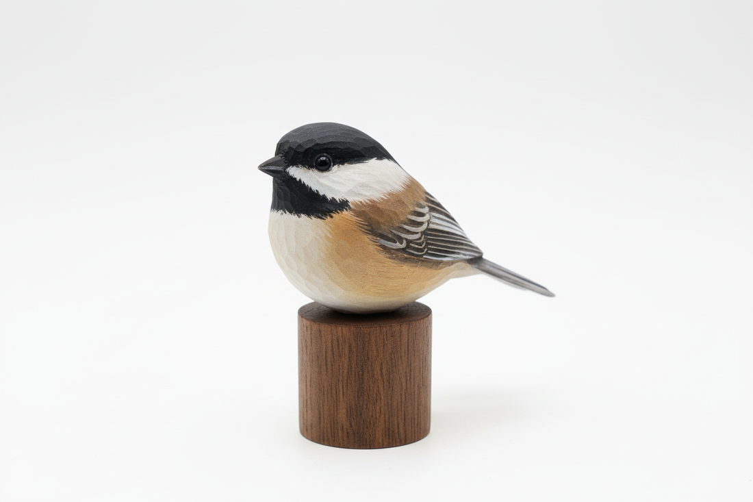 Hand-carved wooden chickadee figurine on a stand, artisanal bird sculpture by Painted Bird