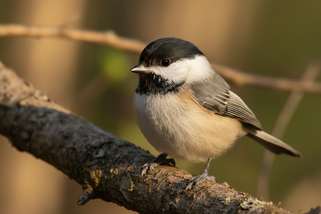  A Black-capped Chickadee perched on a branch in natural woodland light, showcasing its iconic black cap and white cheeks