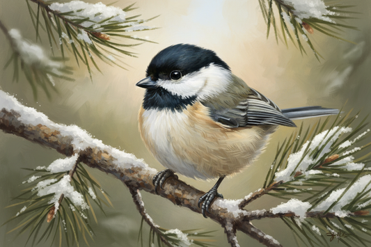 A Black-capped Chickadee perched on a snow-dusted pine branch, hand-carved wooden bird art by Painted Bird