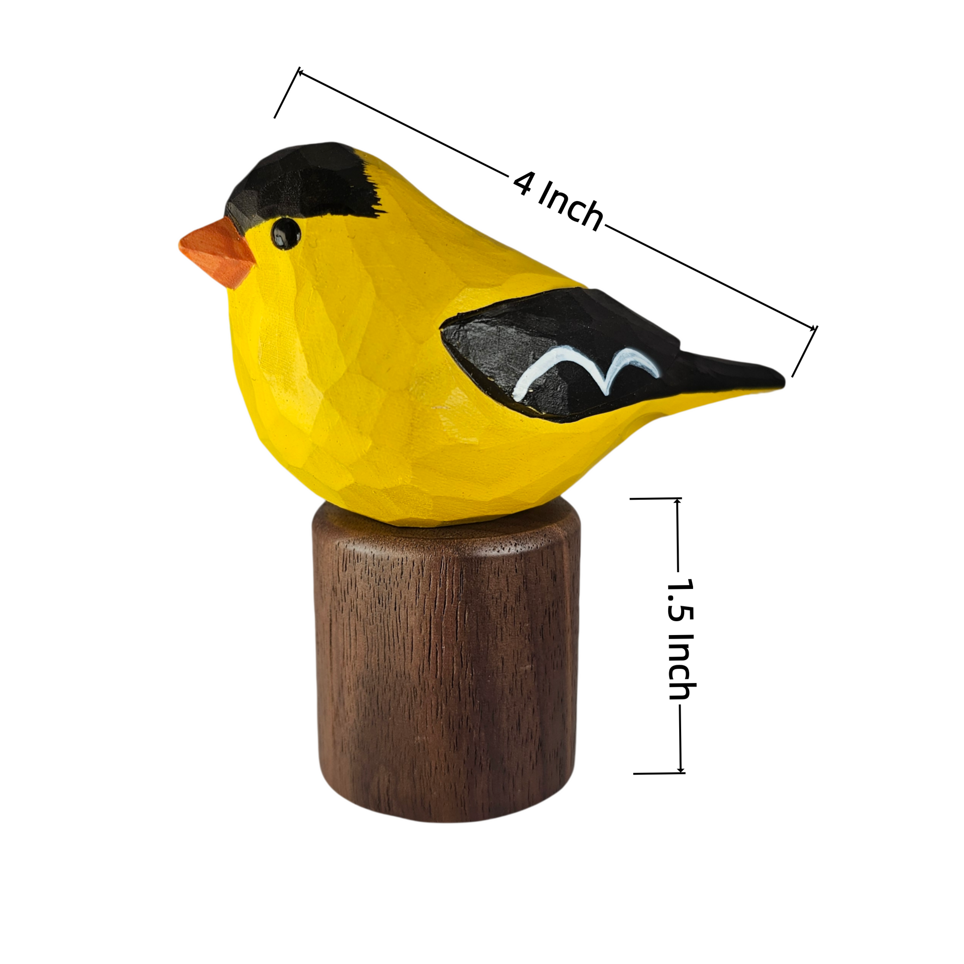 Diagram of a hand-carved basswood American Goldfinch figurine on a walnut base with 4-inch and 1.5-inch height measurements.