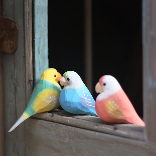 Figurine en bois fabriquée à la main de perruches - Décoration intérieure exquise