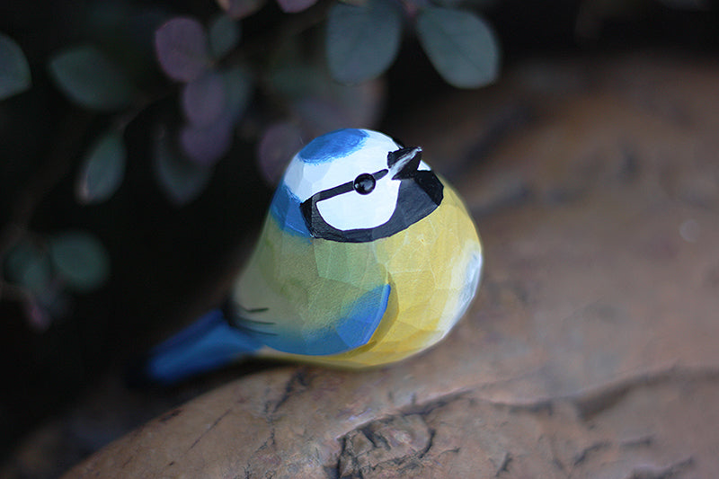 Exquisite Hand-Carved Blue Tit Figurine | Unique Wooden Bird Sculpture