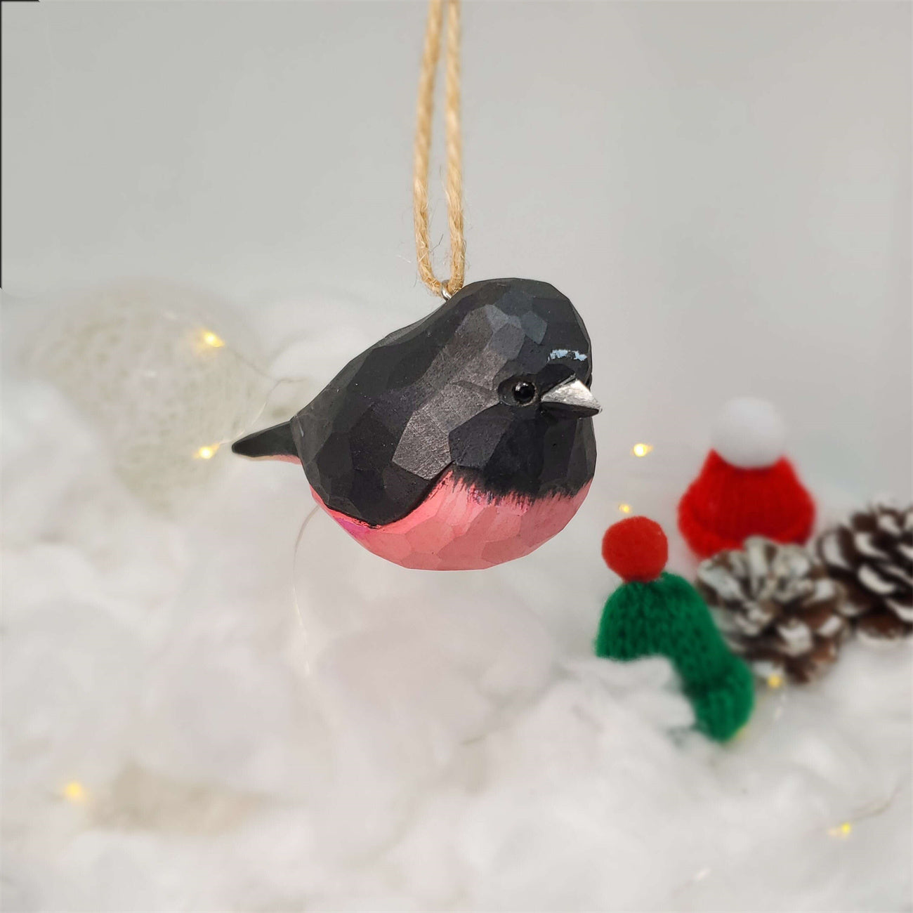 Pink Robin Carved and Painted Wooden Bird Ornaments