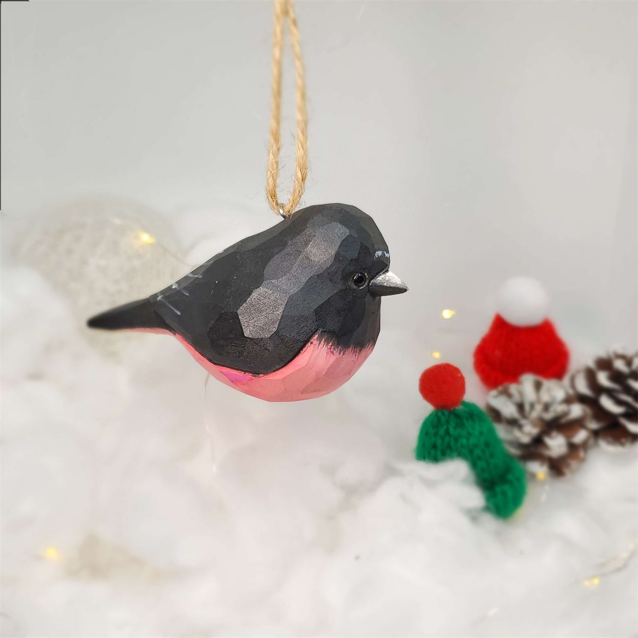 Pink Robin Carved and Painted Wooden Bird Ornaments