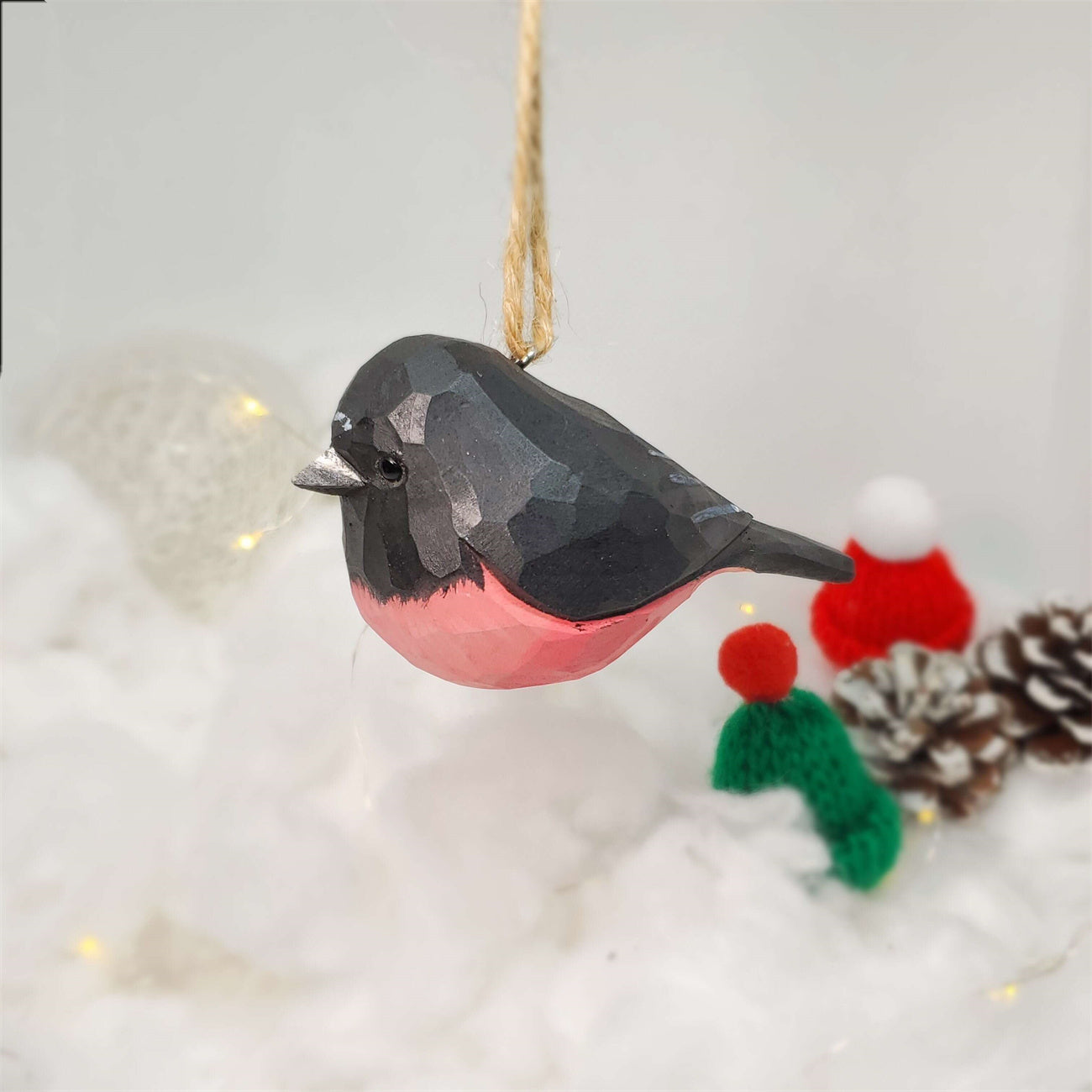 Pink Robin Carved and Painted Wooden Bird Ornaments
