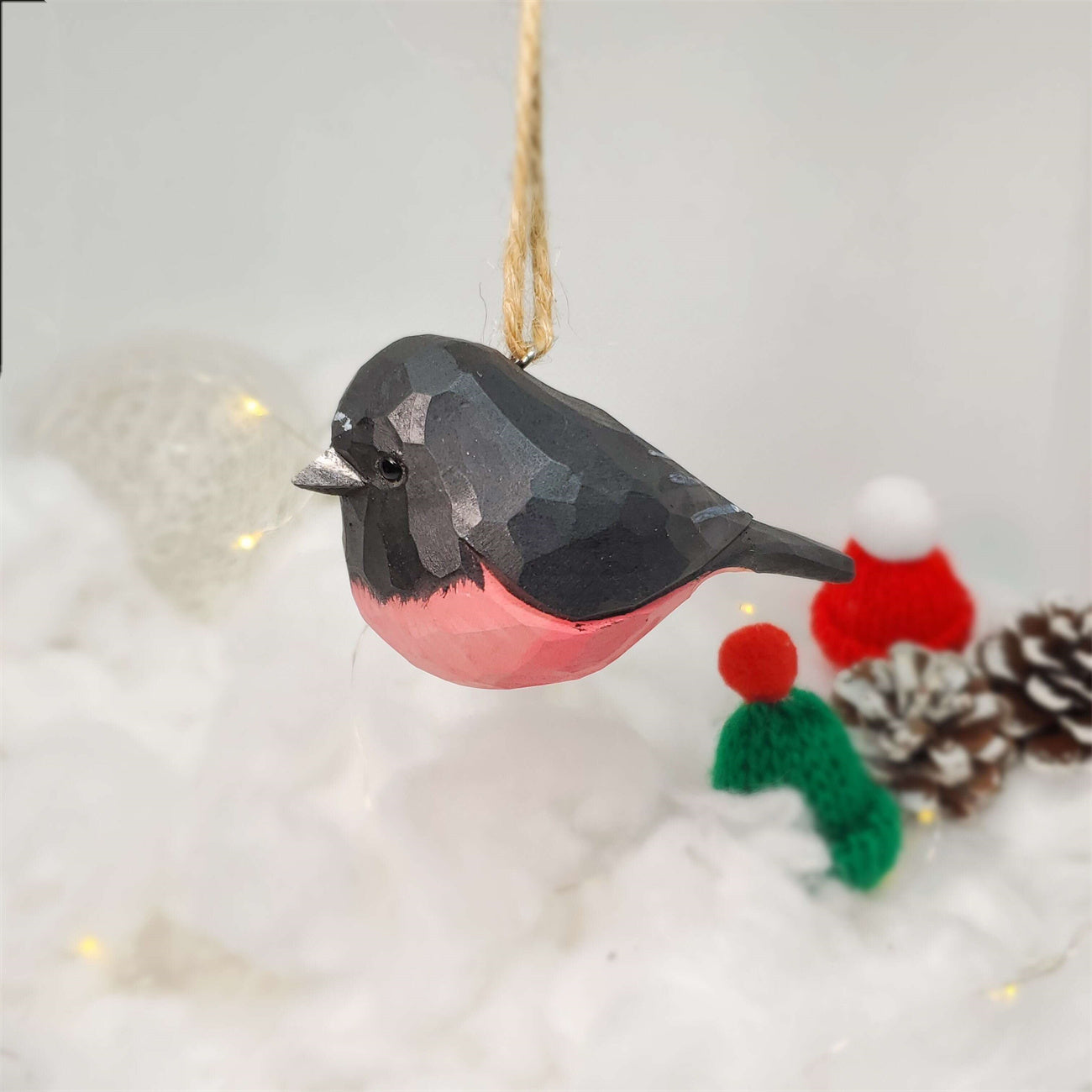 Pink Robin Carved and Painted Wooden Bird Ornaments - Whimsical Holiday Decor