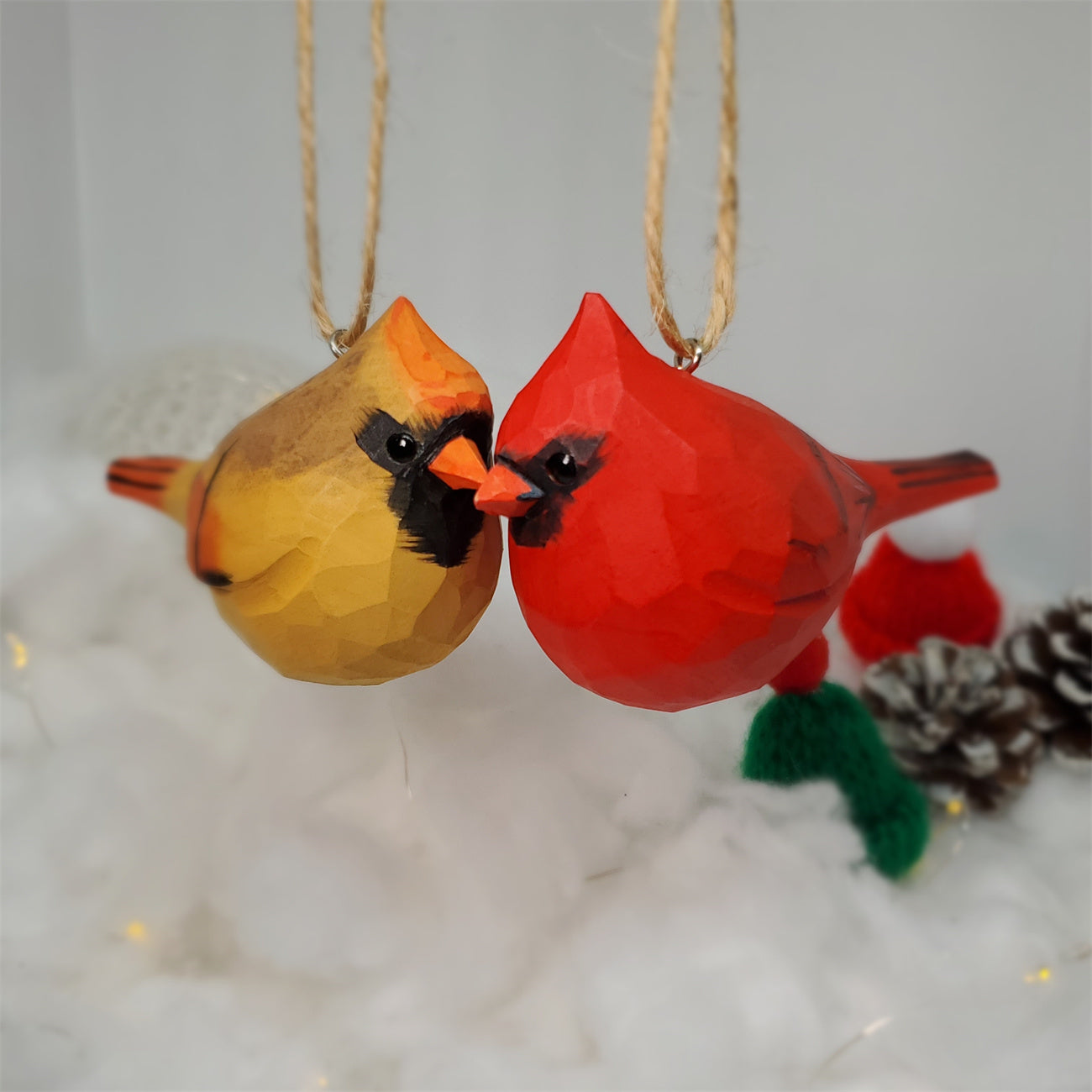 Couple Cardinal Carved and Painted Wooden Bird Ornaments