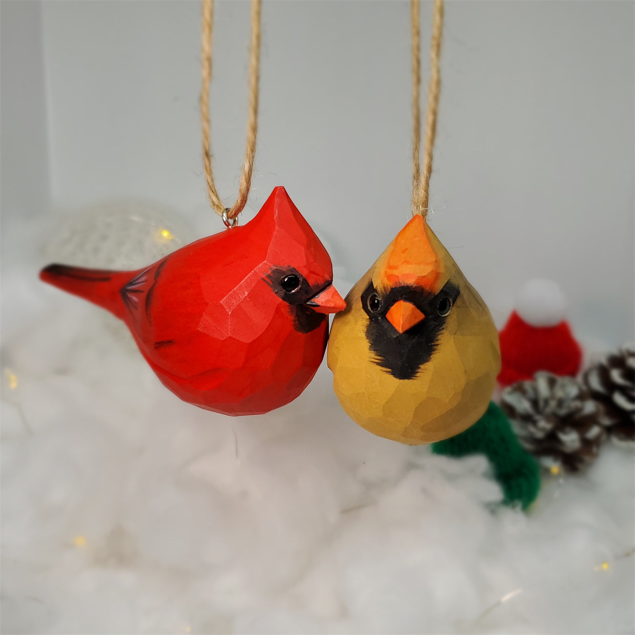 Couple Cardinal Carved and Painted Wooden Bird Ornaments