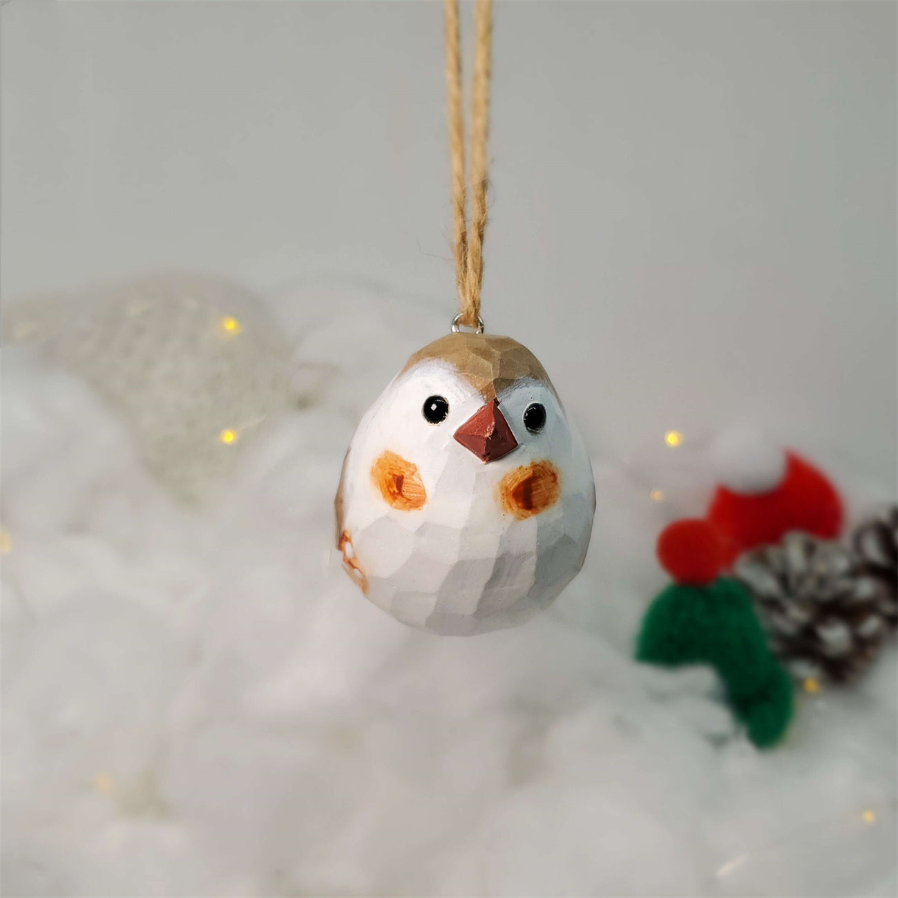 Zebra Finch Carved and Painted Wooden Bird Ornaments