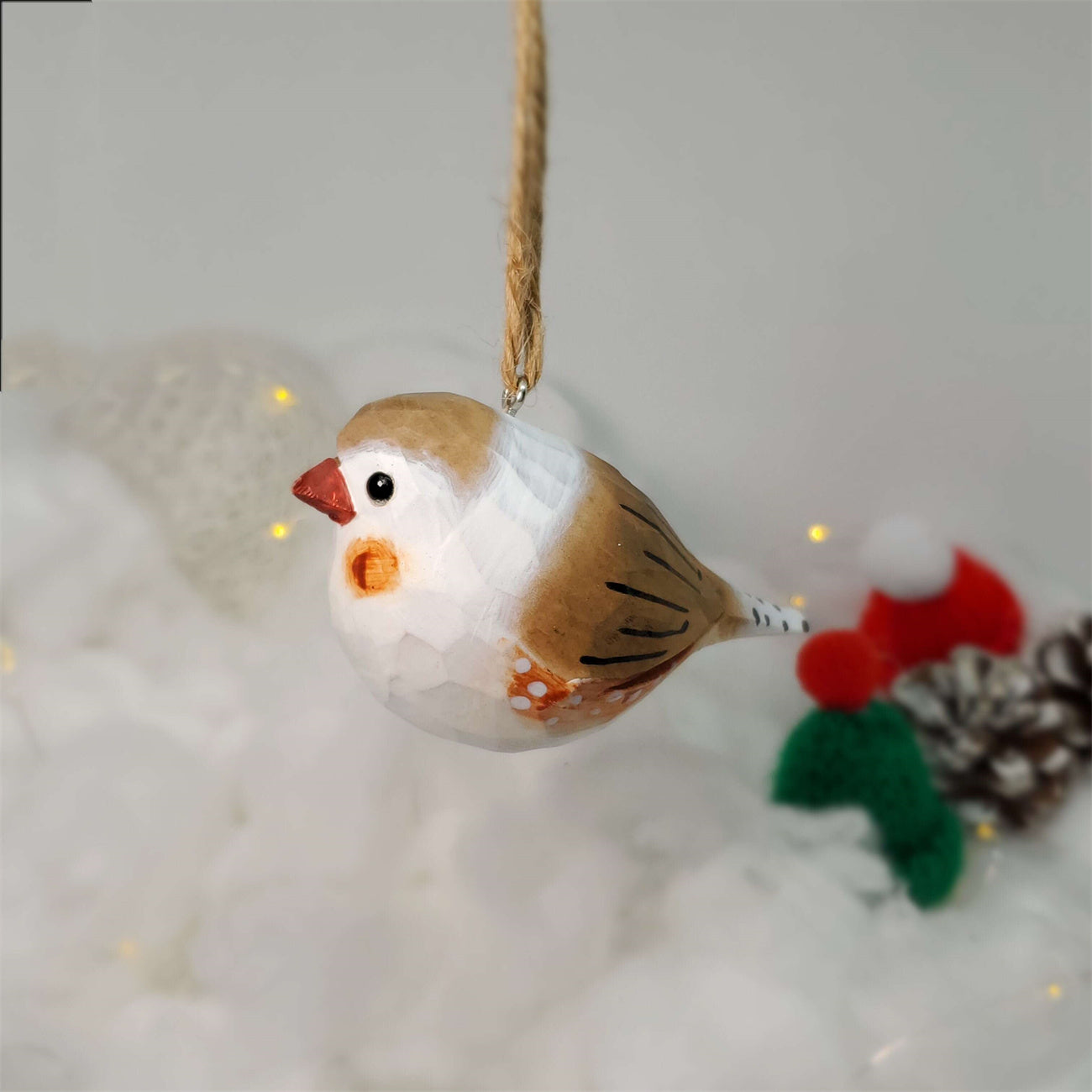 Zebra Finch Carved and Painted Wooden Bird Ornaments