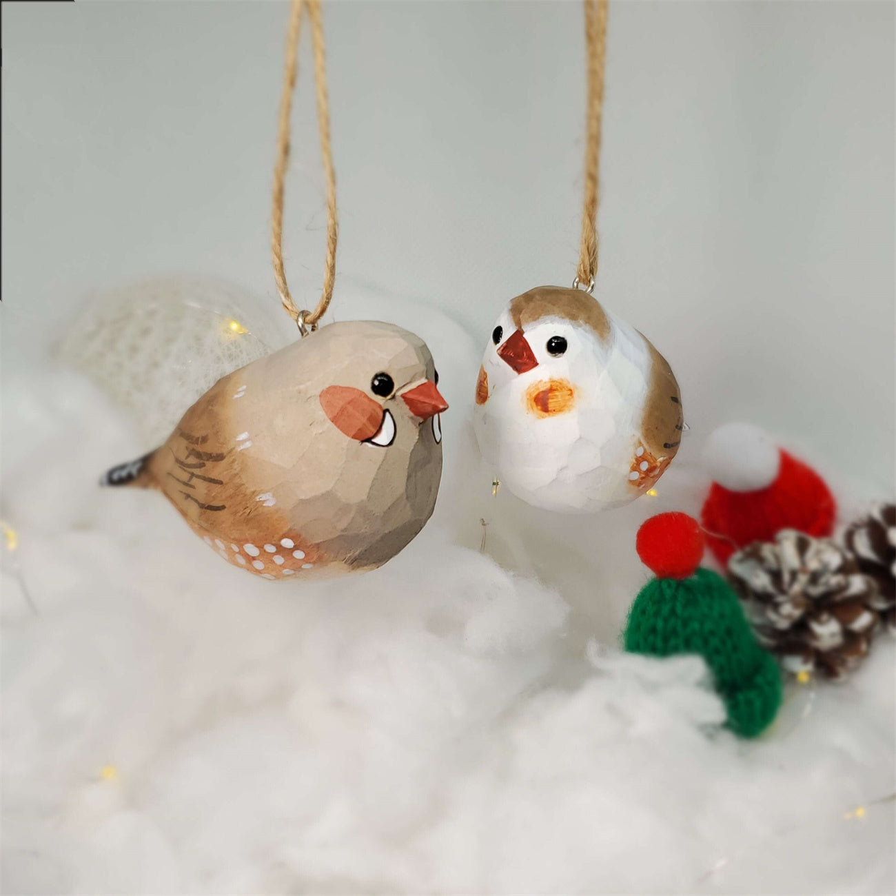 Zebra Finch Carved and Painted Wooden Bird Ornaments
