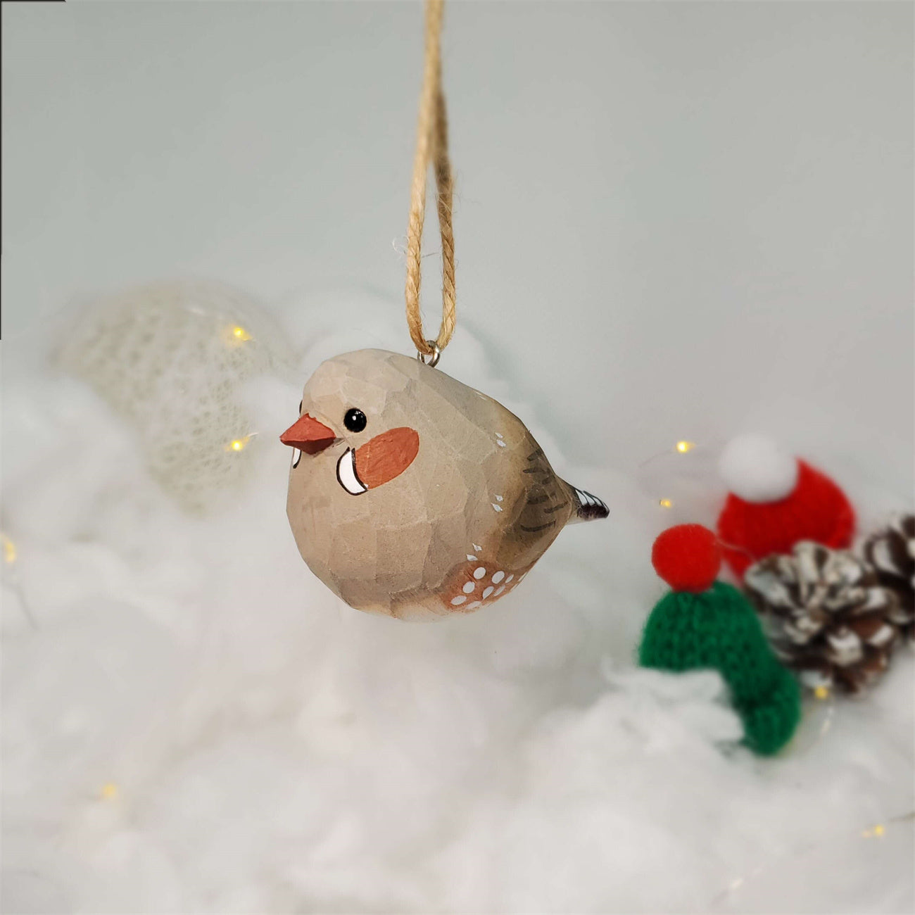 Zebra Finch Carved and Painted Wooden Bird Ornaments