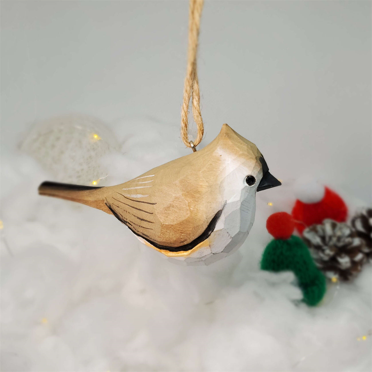 Tufted Titmouse Carved and Painted Wooden Bird Ornaments
