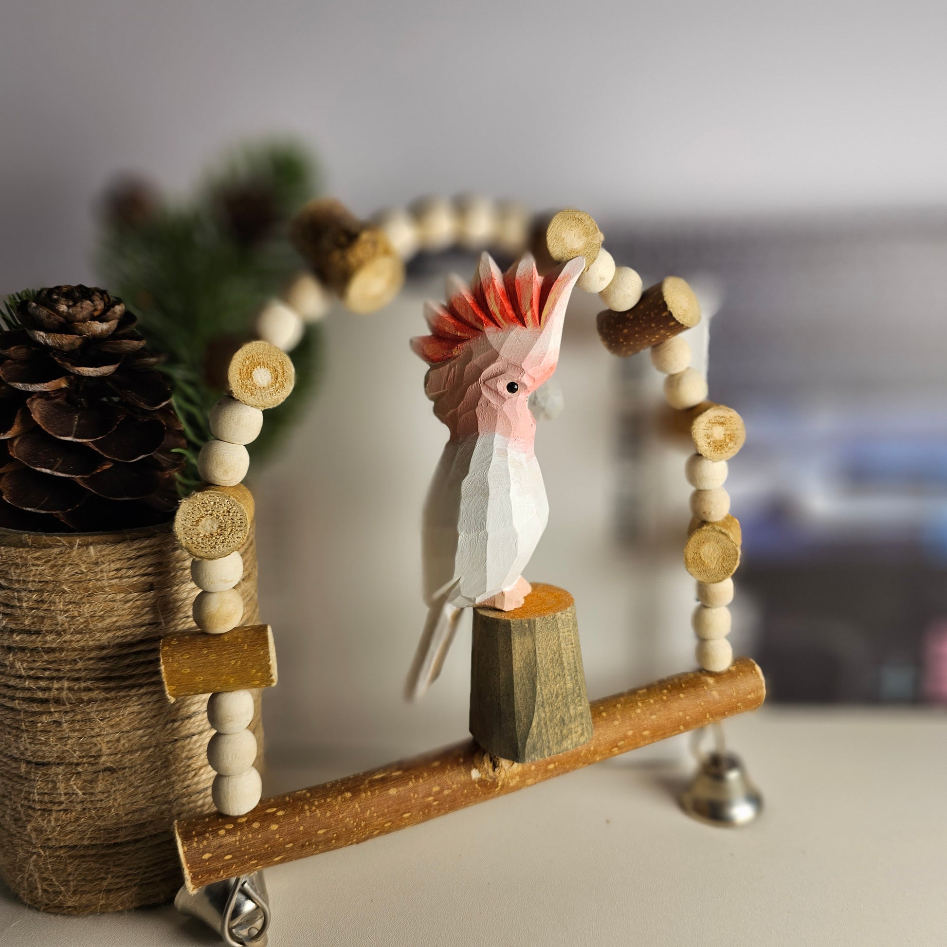 Hand-Carved Pink Cockatoo Wooden Figurine