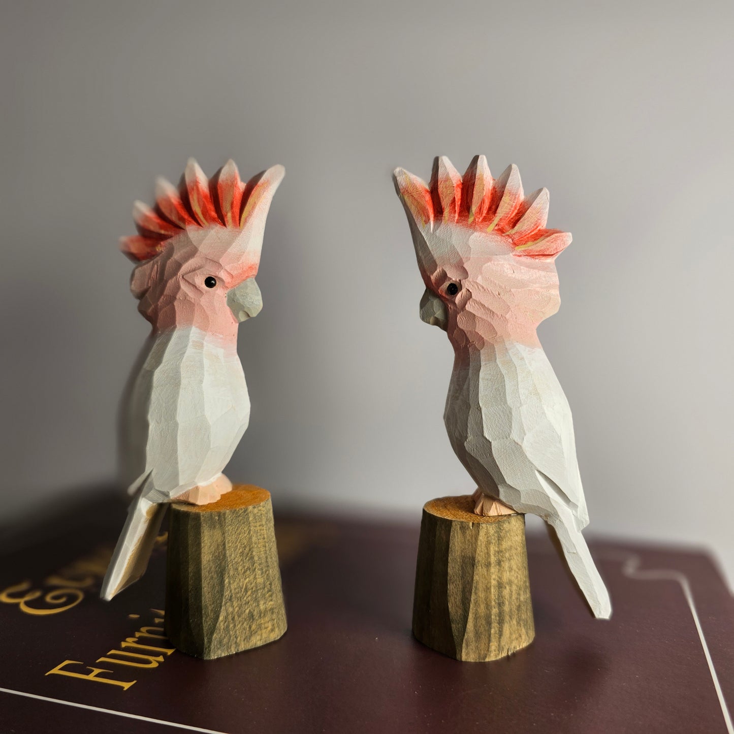 Hand-Carved Pink Cockatoo Wooden Figurine