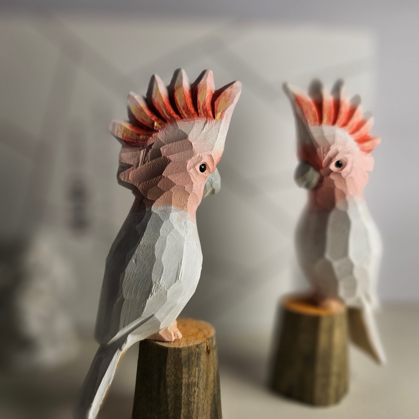 Hand-Carved Pink Cockatoo Wooden Figurine