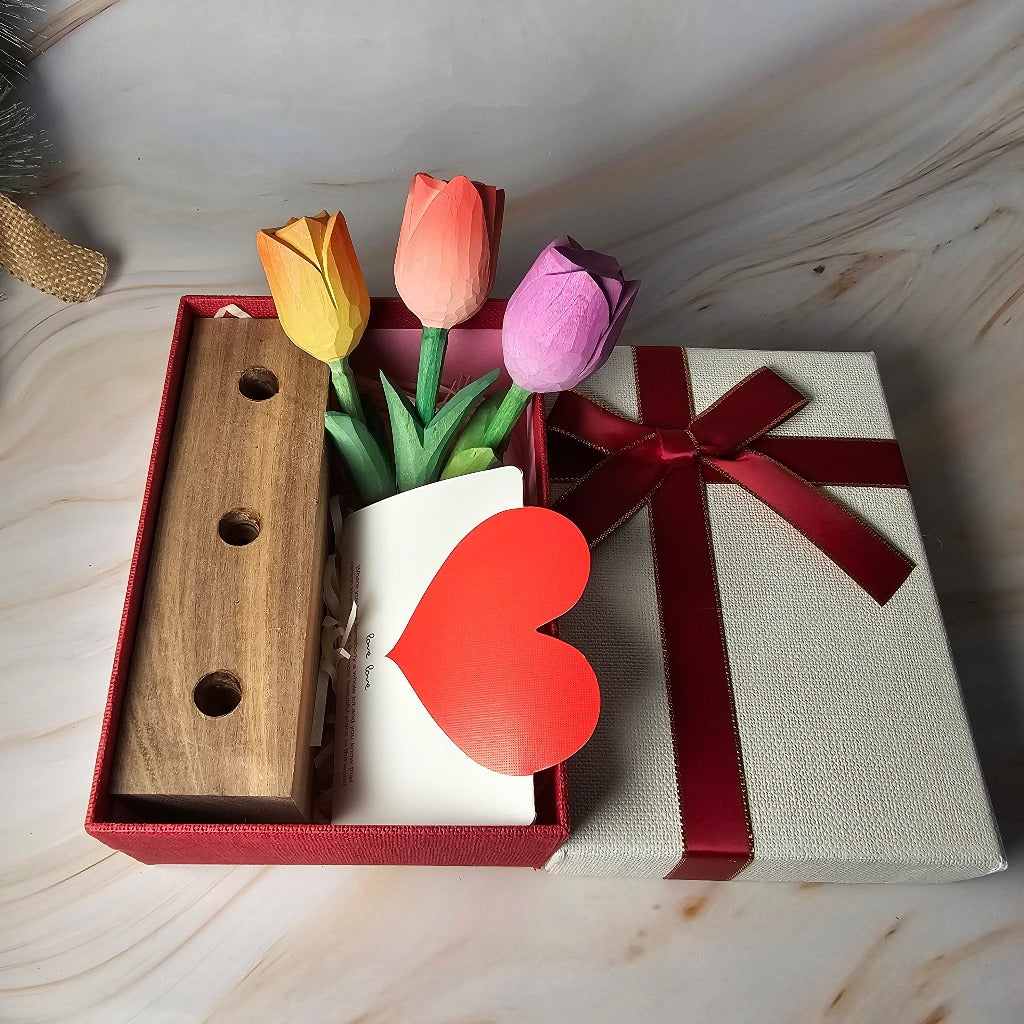 Tri-Color Tulip Hand-Painted Wooden Sculpture Set in Gift Box