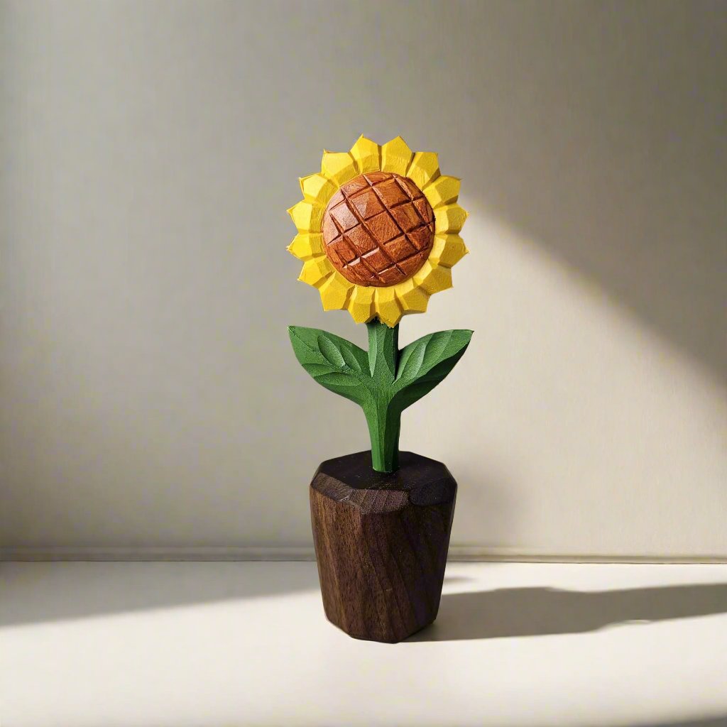 Scultura artigianale in legno di girasole con confezione regalo