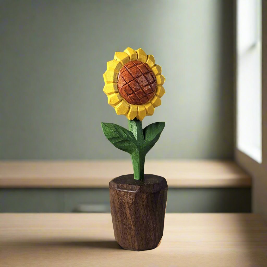 Scultura artigianale in legno di girasole con confezione regalo