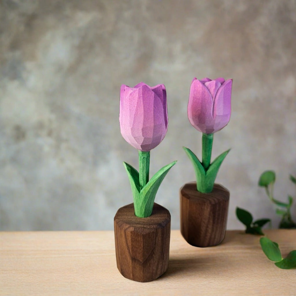 Hand-Painted Tulip Wooden Sculptures in Gift Box