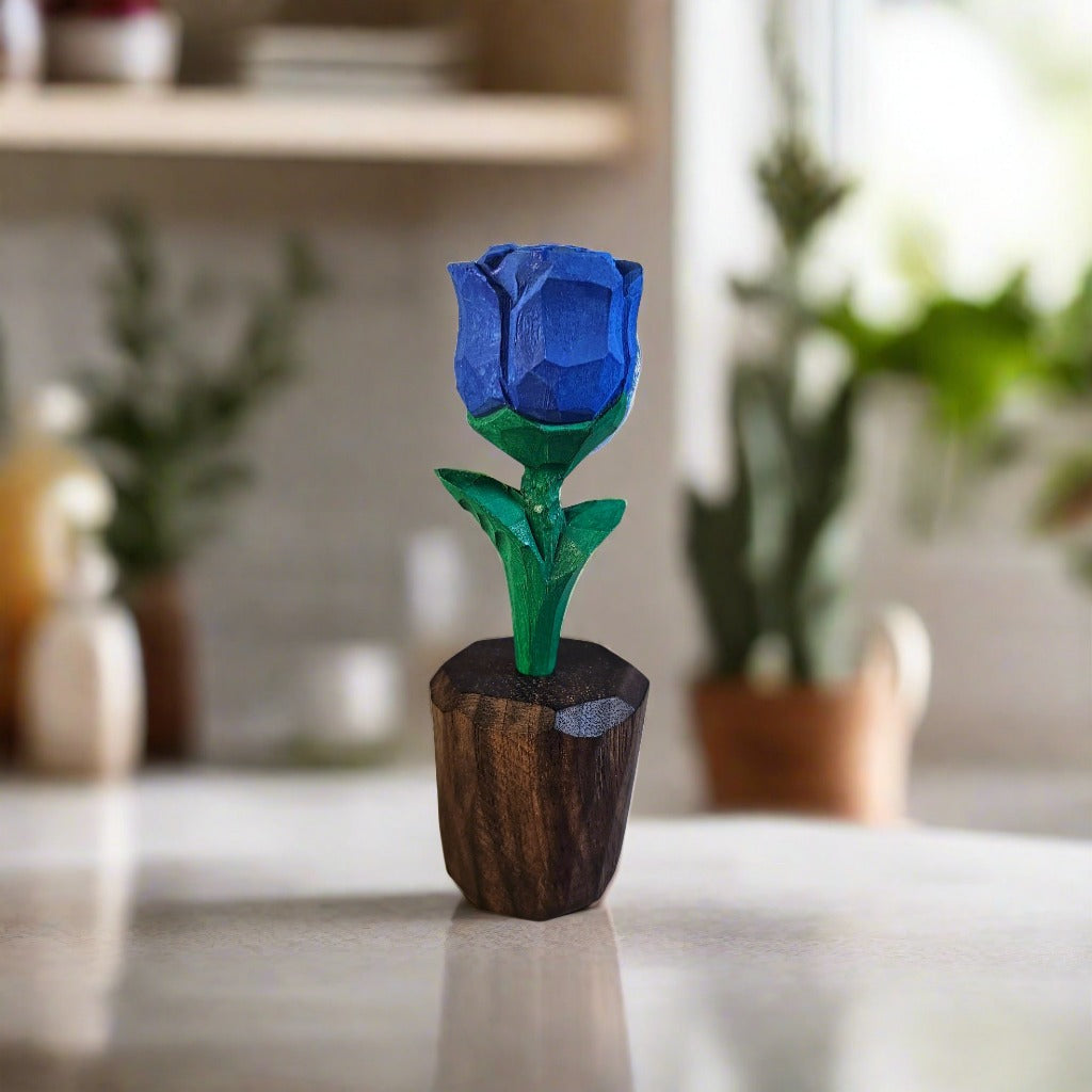 Hand-Painted Rose Wooden Sculpture in Elegant Gift Box