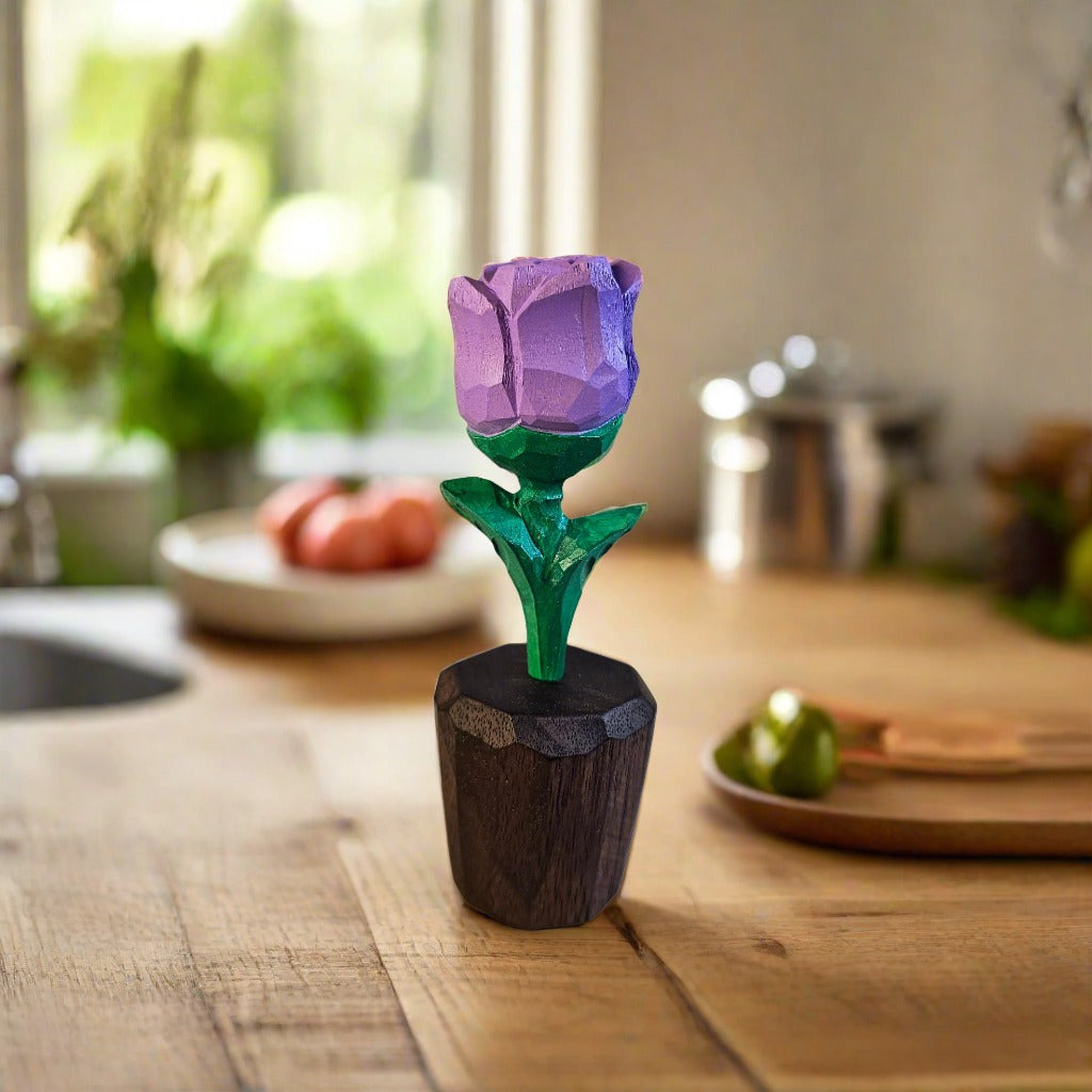 Hand-Painted Rose Wooden Sculpture in Elegant Gift Box