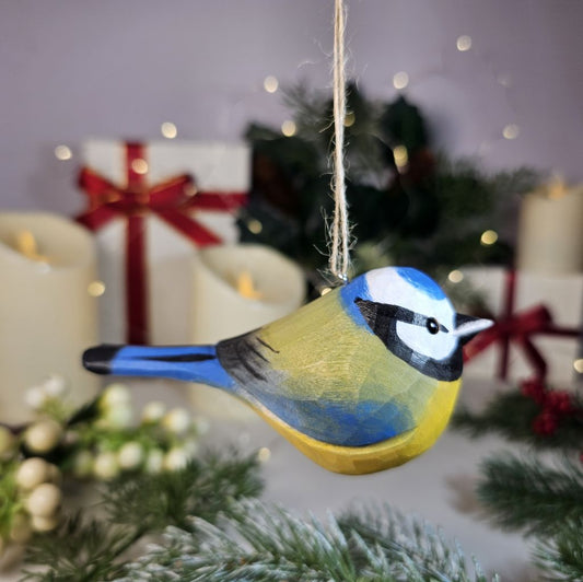 Eurasian Blue Tit Wooden Christmas Tree Ornament