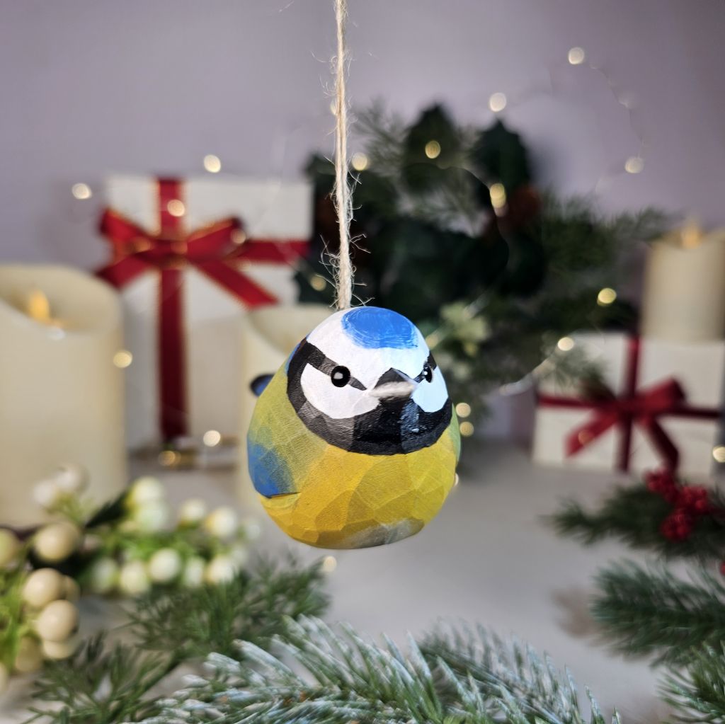 Eurasian Blue Tit Wooden Christmas Tree Ornament