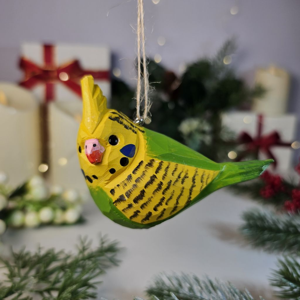 セキセイインコの木製クリスマスツリーオーナメント