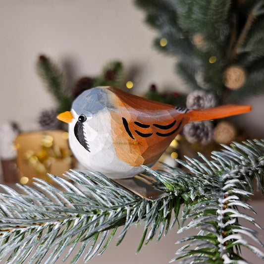 Bearded Tit Clip-on Ornament - Hand-Carved Solid Basswood