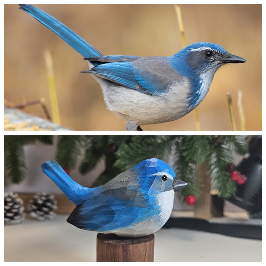 Handcrafted California Scrub-Jay Wooden Bird Figurine