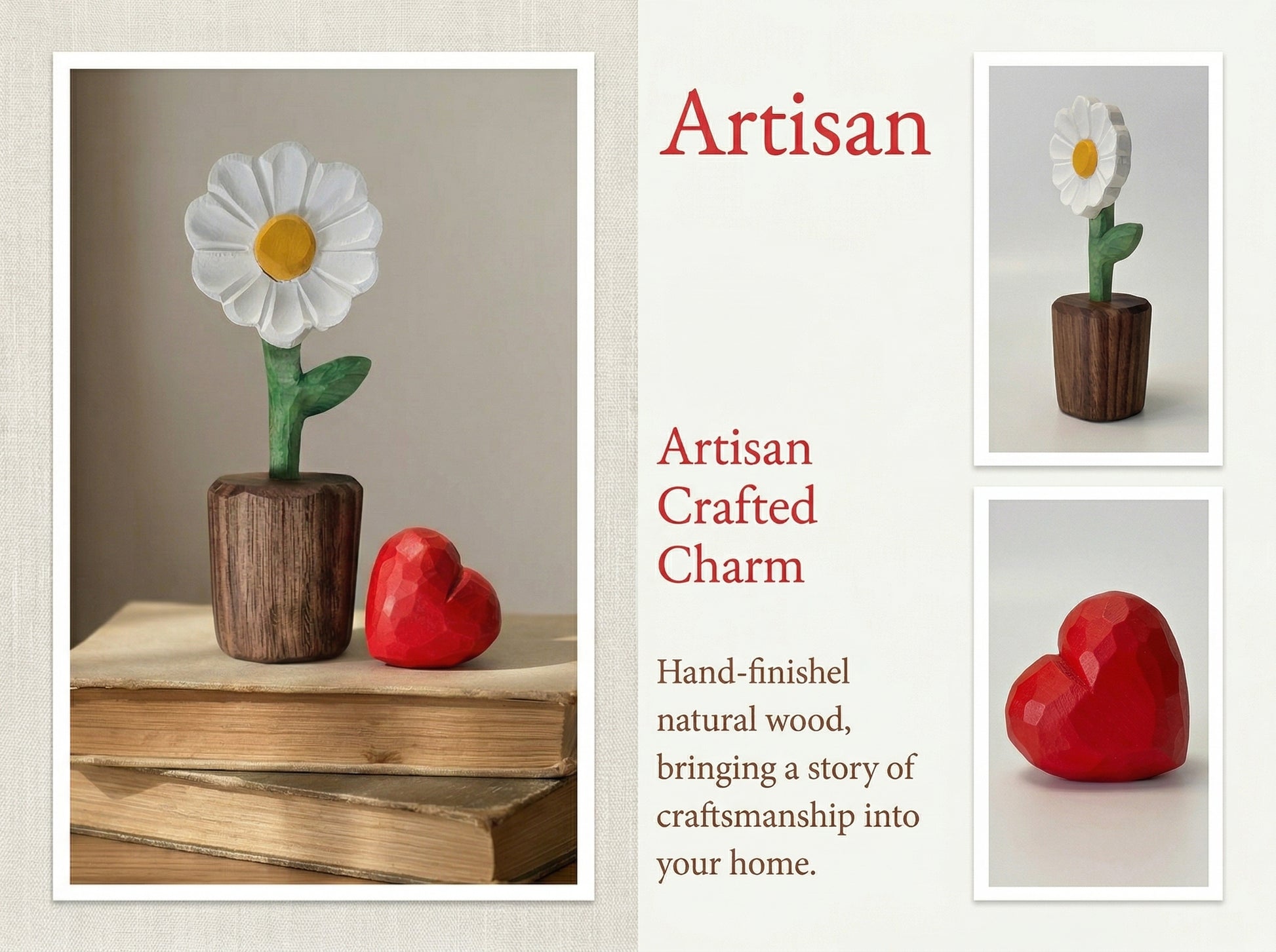 Artisan crafted charm with a flower and heart on a wooden surface, with 'Artisan' branding.