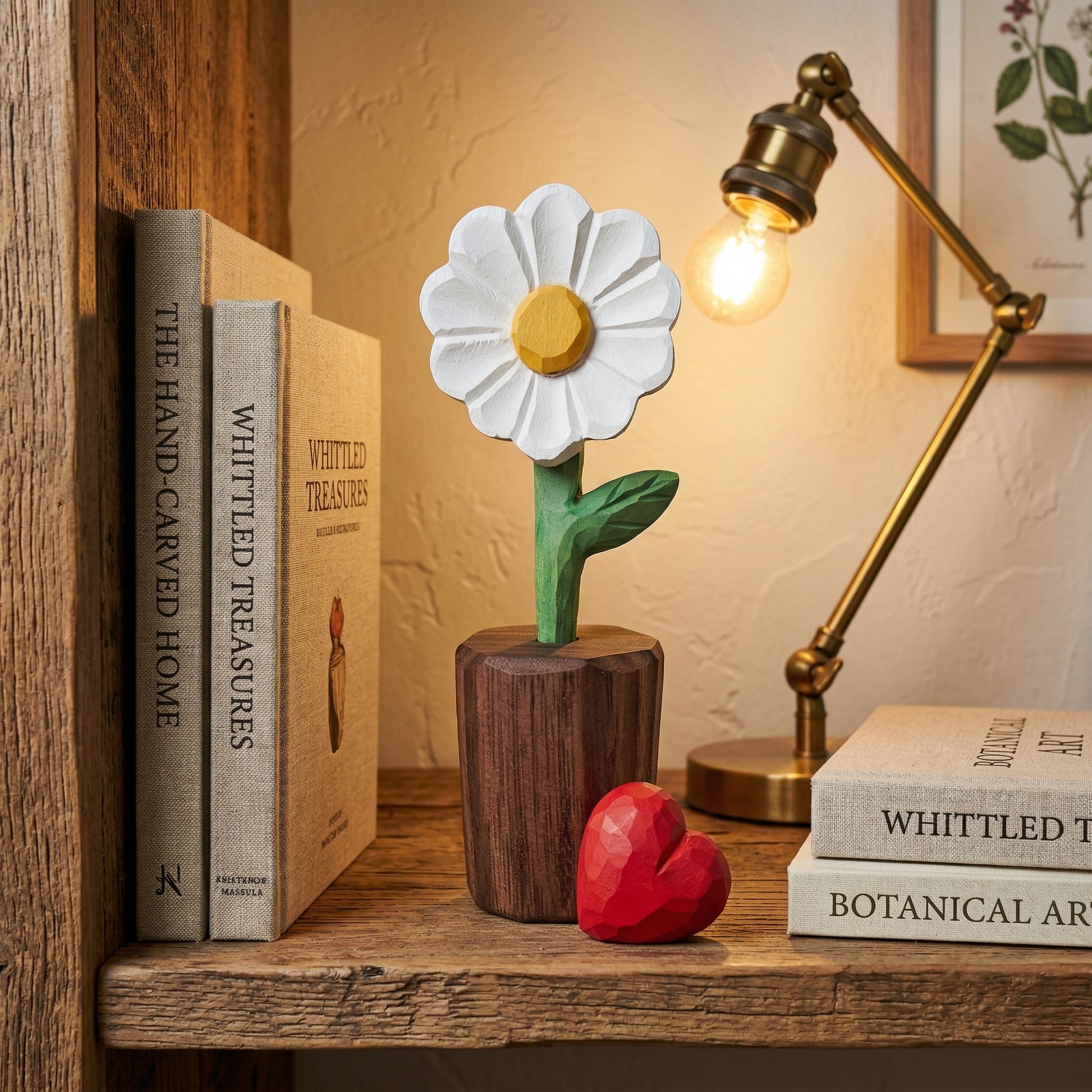 Decorative flower lamp on a wooden shelf with books and a lamp in the background