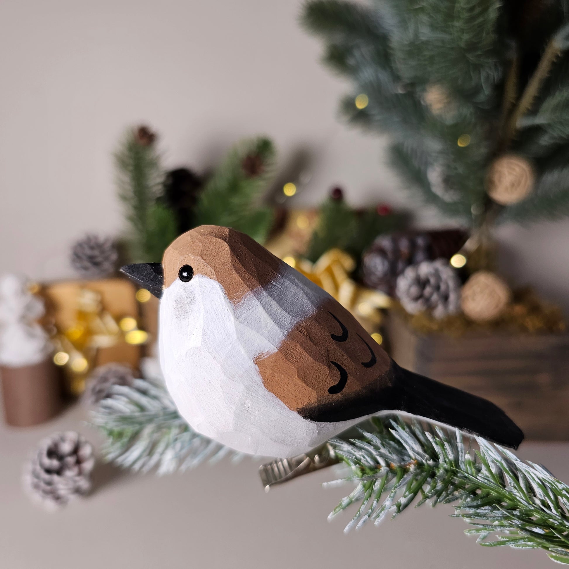 Hand-Carved House Sparrow Clip-on Ornament 