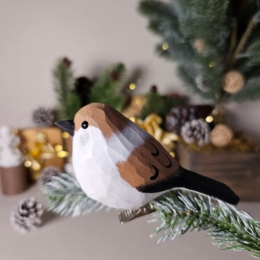 Hand-Carved House Sparrow Clip-on Ornament 