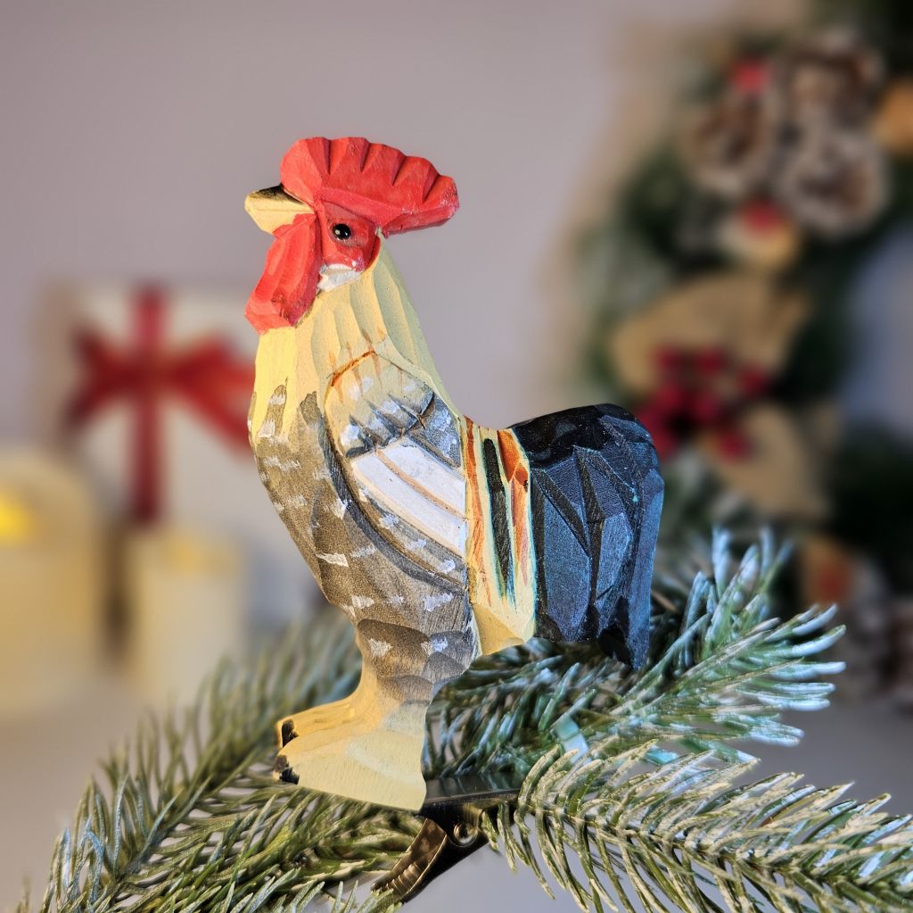 Hand-painted Rooster wooden clip-on ornament showing vivid iridescent plumage, bold red comb, and sweeping tail — by Painted Bird Shop.