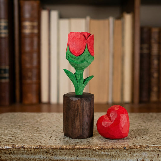 Rose + Red Heart Wooden Sculptures
