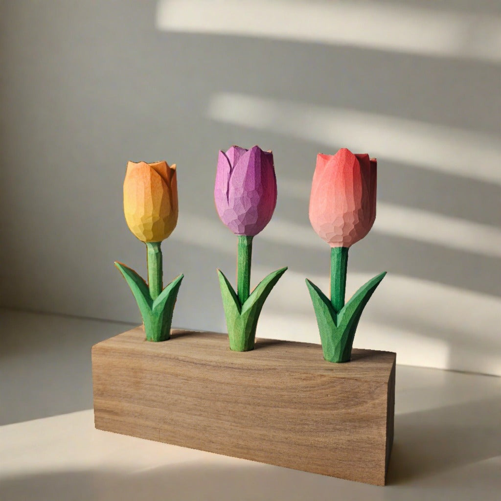 Tri-Color Tulip Hand-Painted Wooden Sculpture Set in Gift Box