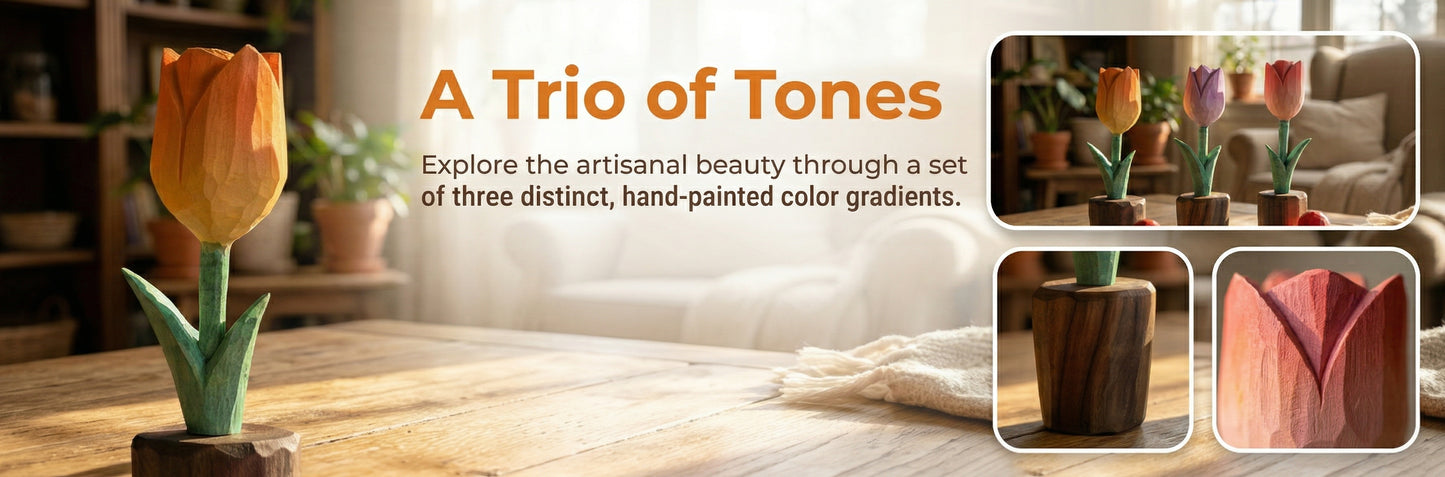 Decorative tulips with hand-painted color gradients on a wooden surface.