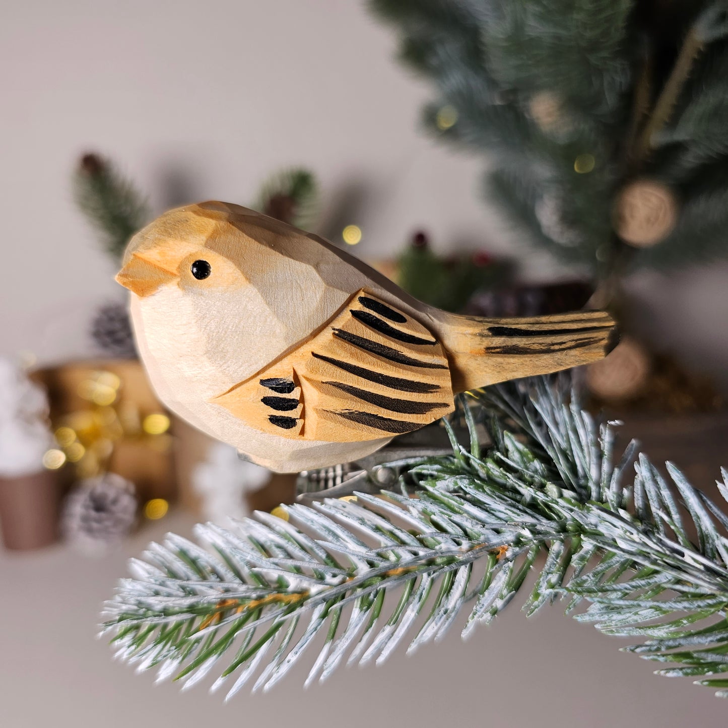 Hand-carved solid basswood chubby bird clip-on ornament with rounded folk art silhouette and hand-painted finish — by Painted Bird Shop.