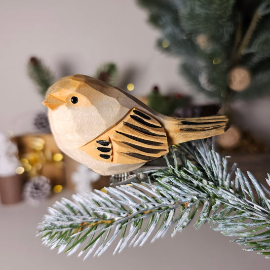 Hand-carved solid basswood chubby bird clip-on ornament with rounded folk art silhouette and hand-painted finish — by Painted Bird Shop.