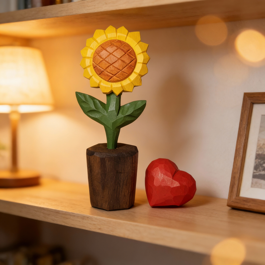Sunflower + Red Heart Wooden Sculptures