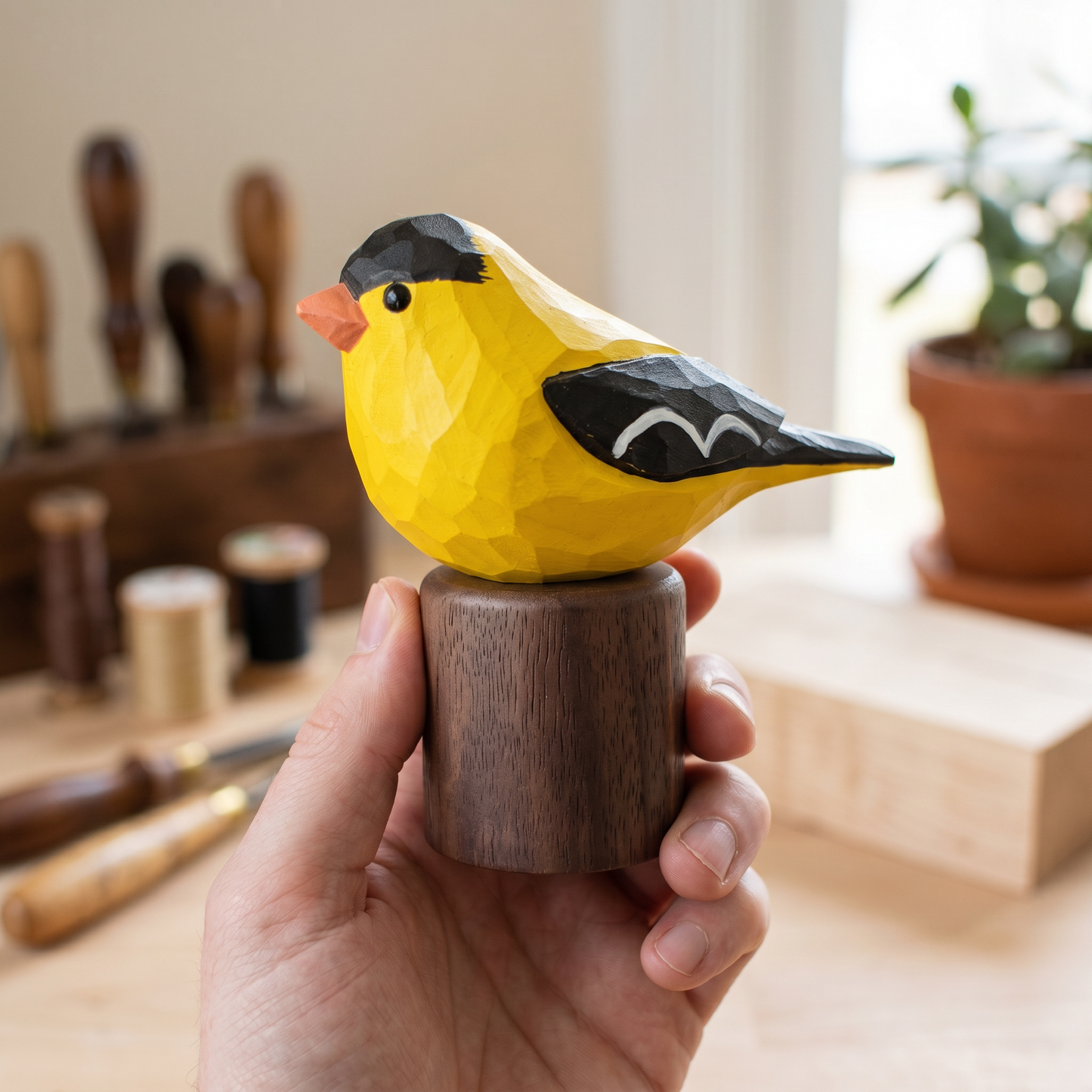 Hand holding a hand-painted wooden American Goldfinch figurine on a dark walnut base in a blurred woodworking studio.