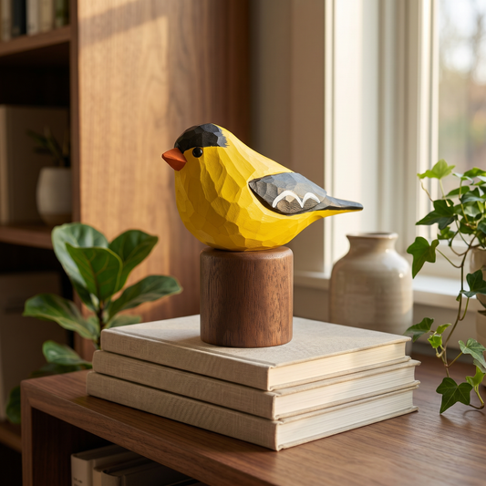 Hand-carved yellow American Goldfinch bird figurine made from solid basswood, displayed on a separate dark black walnut wood cylinder base on a stack of books.